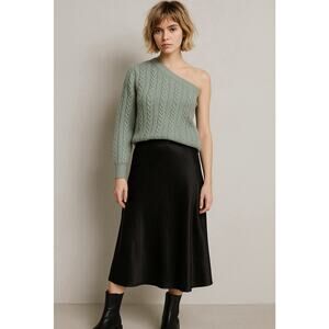 Woman’s One-Shoulder Soft Sage Chunky Cable Knit Sweater Edgy SoftGirl Sz M